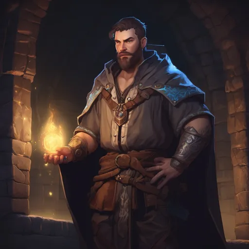 Prompt: (Full body) male big-chested time-mage with short hair and beard, in a dungeon at night, pathfinder, d&d setting, in a realistic digital art style