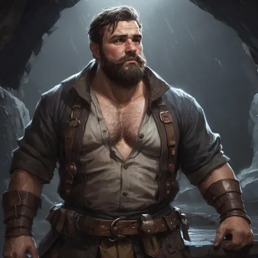 Prompt: Male stocky heavy-built bard with short-cut hair and beard, open shirt hairy chest, with a big belly, inside a cavern dungeon at night in the rain, pathfinder, d&d setting, in a realistic high quality digital art style, enhanced shadow quality