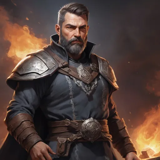 Prompt: Male stocky heavy-set mature illutionist with short-cut hair and beard, on a battlefield, in combat, casting a sage-spell, pathfinder, d&d setting, enhanced shadow quality, realistic