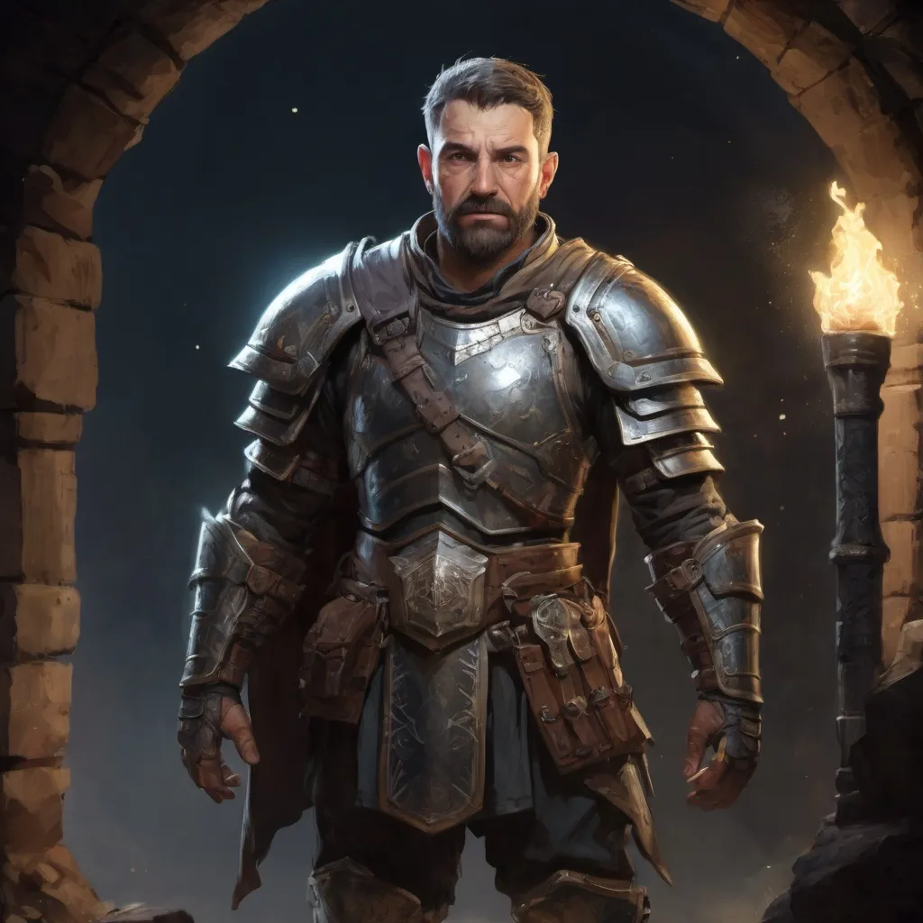 Prompt: Male stocky mature treasure-hunter with short-cut hair and beard, inside of a dungeon at night, wearing magical armour, pathfinder, d&d setting, enhanced shadow quality