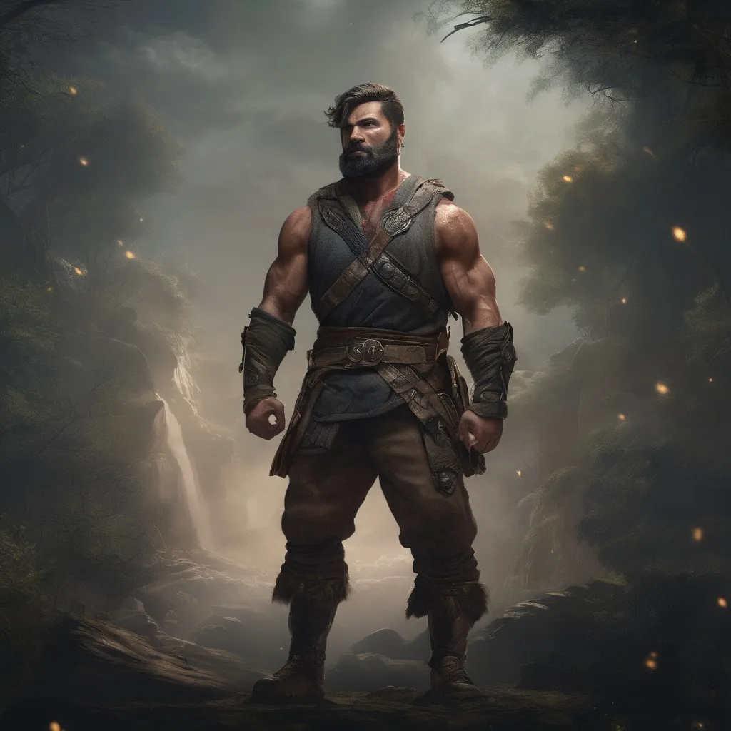 Prompt: (Full body) male handsome large muscular champion with short hair and beard, outside of a cave by a forest at night, pathfinder, d&d setting, in a realistic high quality digital art style