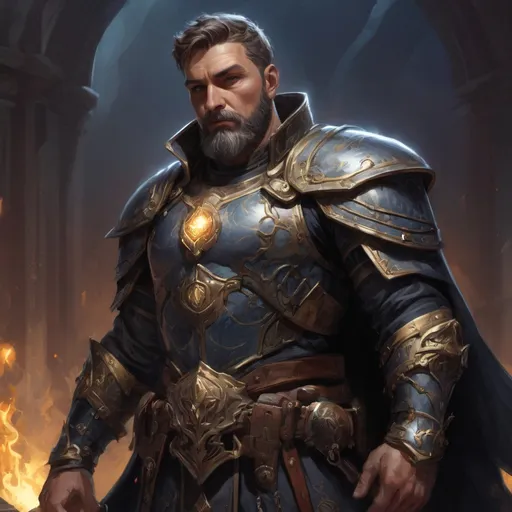 Prompt: (Torso) Male stocky large mature holy-paladin with short-cut hair and beard, exploring a dark magic dimention, surrounded by bright magic, pathfinder, d&d setting, in a realistic high quality digital art style, enhanced shadow quality, colorful