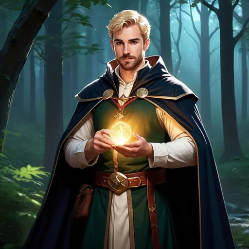 Prompt: (Full body picture) A broad-chested cleric looks like scott evans with short-cut blonde hair and short beard and mustache, holding magic. Magic around, cloak, manly, fantasy setting, dungeons and dragons, outside a forest at night, in realistic digital art style