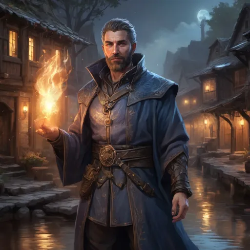 Prompt: male stocky heavy-built handsome bandit-magus with short hair and beard, wearing magic coat, casting a water-spell, by a small village at night, pathfinder, d&d setting, in a realistic high quality digital art style