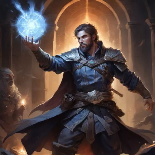Prompt: Male stocky large battle-mage with short-cut hair and beard, engaged in combat casting a white-light spell inside of a dark dungeon, pathfinder, d&d setting, in a realistic high quality digital art style, enhanced shadow quality, colorful