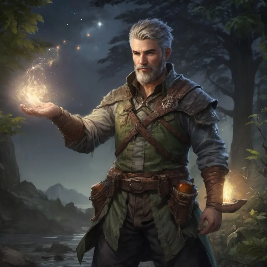 Prompt: (Full body) male stocky fantasy-ranger with short salt and pepper hair and beard, casting an nature spell, in nature at night, pathfinder, d&d setting, in a realistic digital art style