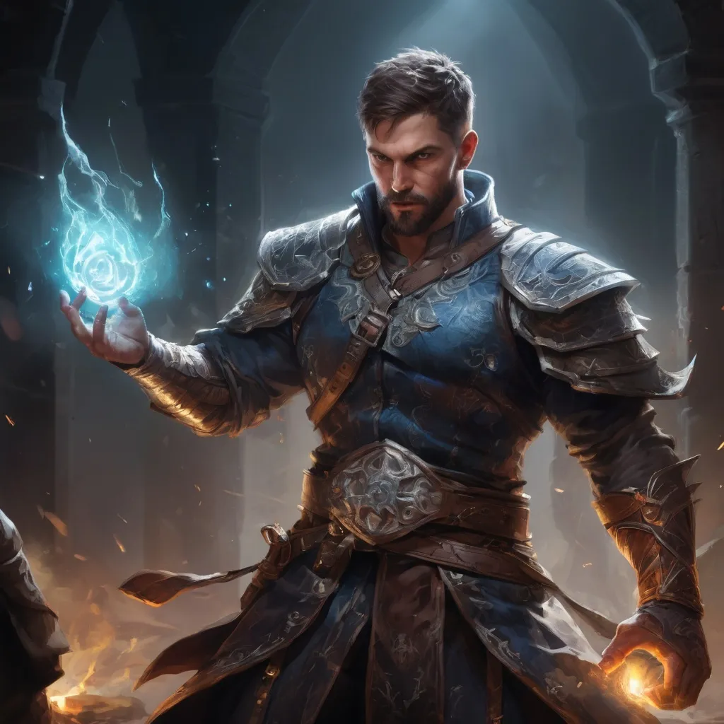 Prompt: Male stocky large muscular battle-mage with short-cut hair and beard, engaged in combat casting a white-light spell inside of a dark dungeon, pathfinder, d&d setting, realistic, enhanced shadow quality, colorful
