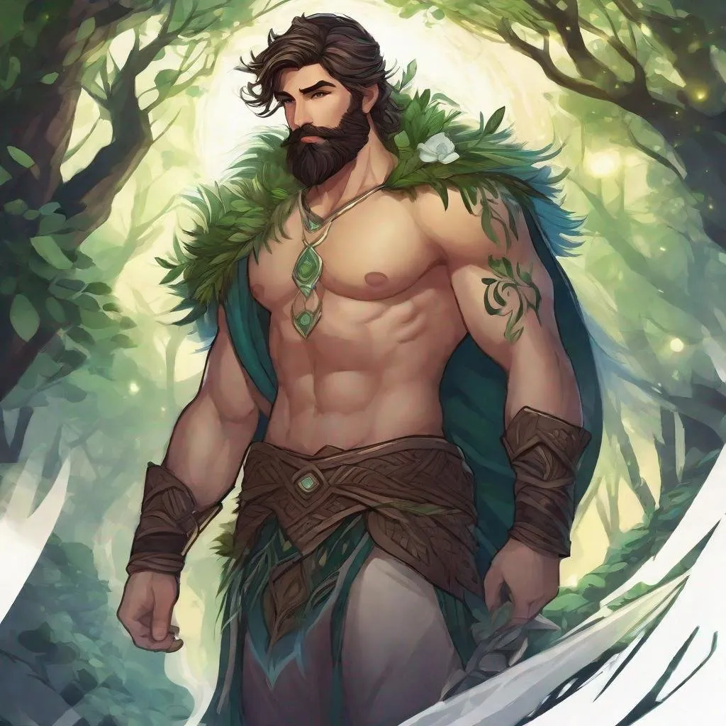 Prompt: A male druid with dark short-cut hair and beard, magical swirls, bare hairy chest, in nature at night, boots, pathfinder, in a detailed realistic digital art style