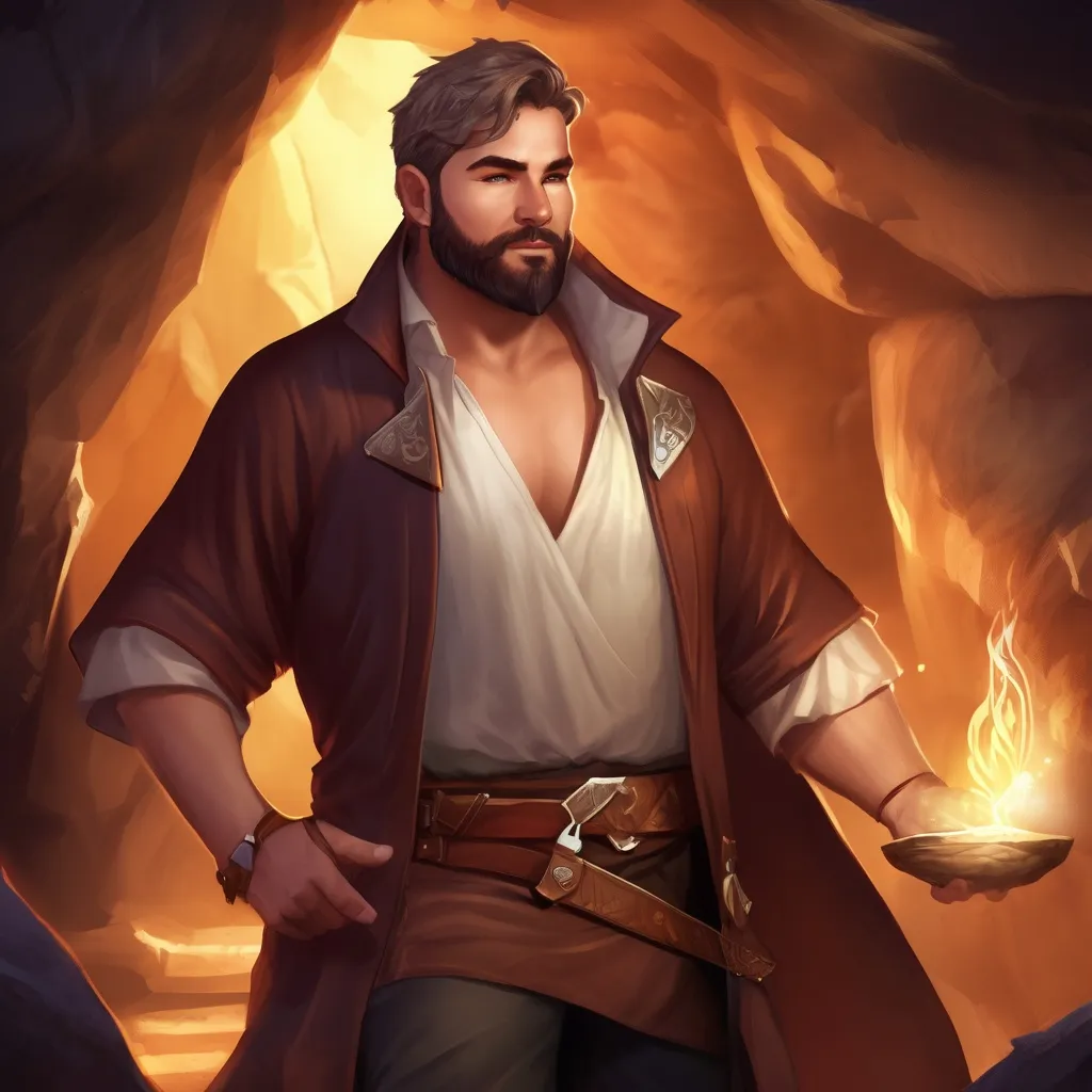 Prompt: (Full body) male stocky magical balance-mage with short hair and beard, open shirt, in a underground cave, pathfinder, d&d setting, in a realistic digital art style