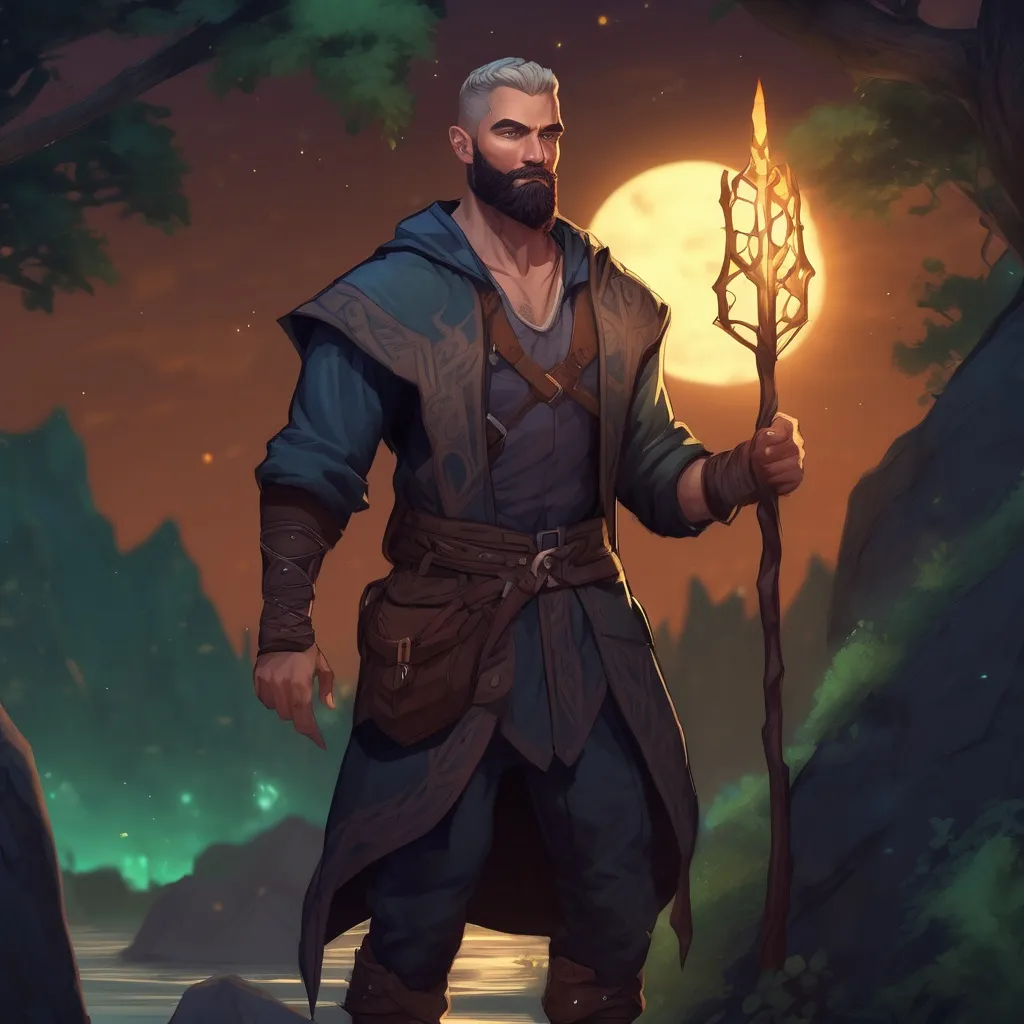 Prompt: (Full body) male muscular magus with short hair and beard, in nature at night, pathfinder, d&d setting, in a realistic digital art style