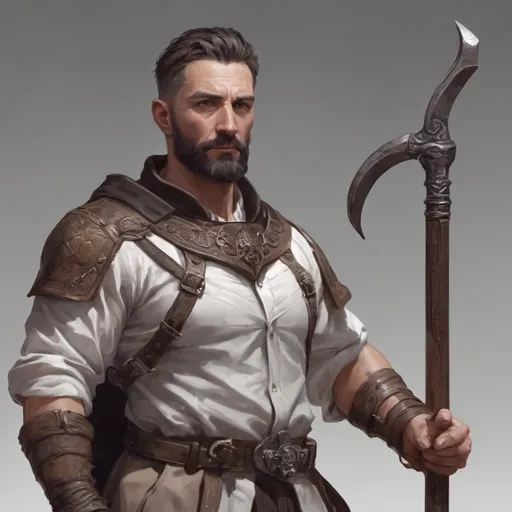 Prompt: (torso) Male stocky fit 39-year old alchemist with short-cut hair and beard, holding a magic wepon, in movement, pathfinder, d&d setting, realistic, enhanced shadow quality, colorful