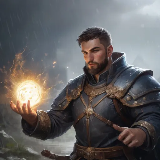 Prompt: Male stocky heavy-set large armoured cleric with short-cut hair and beard, casting a magical spell out of hands, on a battlefield in the rain, pathfinder, d&d setting, in a realistic high quality digital art style, enhanced shadow quality