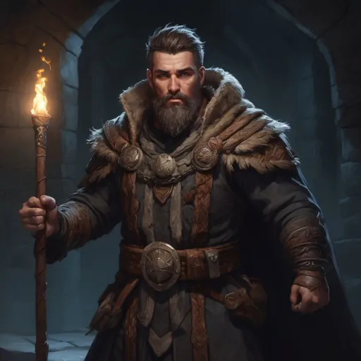 Prompt: male stocky large-built druid with short-cut hair and beard, in  a dungeon at night pathfinder, d&d setting, in a realistic high quality digital art style, enhanced shadow quality