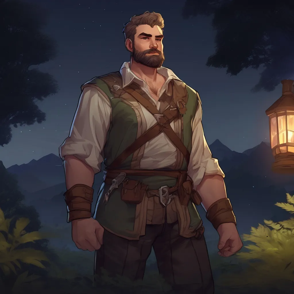 Prompt: (Full body) male stocky big-chested hairy-chested paladin with short hair and beard, open shirt, in nature at night, pathfinder, d&d setting, in a realistic digital art style