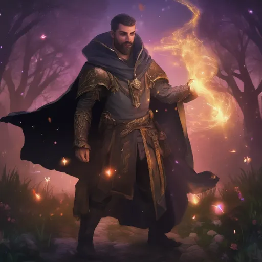 Prompt: (Full body) male stocky young magical sorcerer with short-cut hair and beard, casting a magical spell, in nature in the dark, cloak, pathfinder, d&d setting, in a realistic digital art style