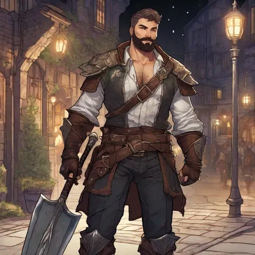 Prompt: (Full body) A male short-haired rogue with open shirt hairy chest and short beard fantasy weapon, armor and shirt with leaf details, manly, dungeons and dragons fantasy setting, night time in a town street, in a painted style