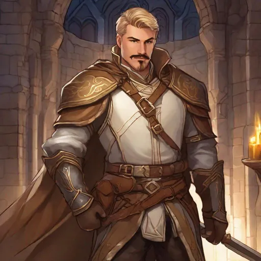 Prompt: (Full body) A hairy broad-chested large handsome male magus with short-cut blond hair a mustache and stubble, pathfinger,  light-armor, magic swirl, dungeons and dragons, hairy chest, brown boots, fantasy setting, coming out a large towngate late at night, in a painted style realistic art