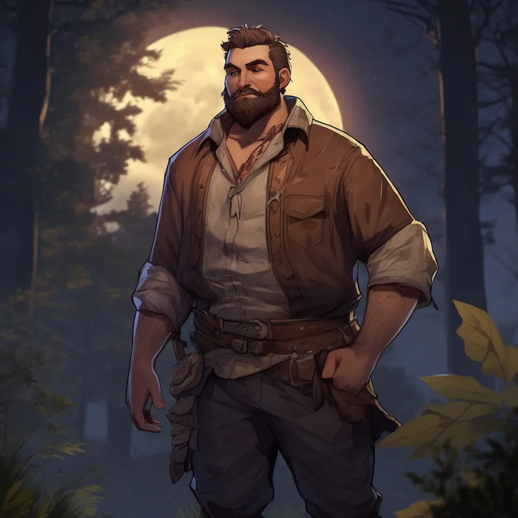 Prompt: (Full body) male stocky big-chested bandit with short hair and beard, open shirt, in nature at night, pathfinder, d&d setting, in a realistic digital art style