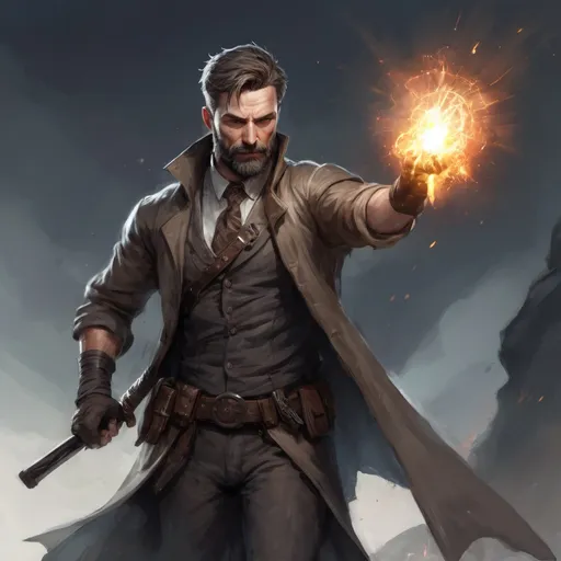 Prompt: (torso) Male heavy-set mature fit magical detective with short-cut hair and beard, holding fantasy-weapon, in movement, in a windy battlefield, pathfinder, d&d setting, enhanced shadow quality