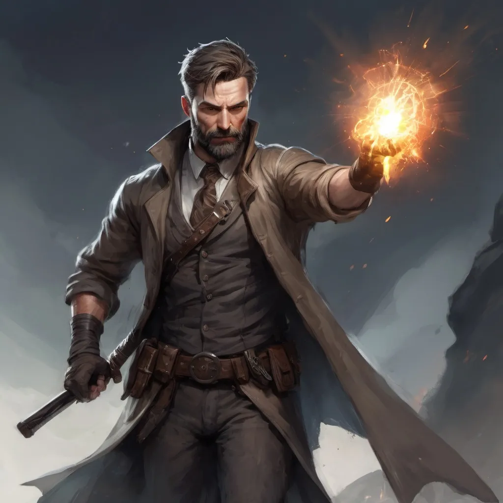 Prompt: (torso) Male heavy-set mature fit magical detective with short-cut hair and beard, holding fantasy-weapon, in movement, in a windy battlefield, pathfinder, d&d setting, enhanced shadow quality