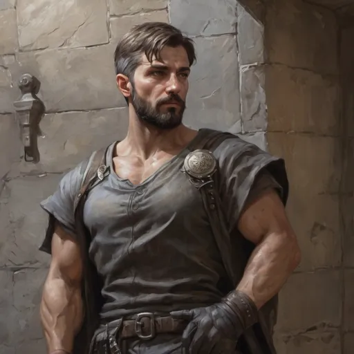 Prompt: (torso) Male heavy-set mature fit bandit with short-cut hair and beard, climbing a wall and breaking in to a mansion, windy, pathfinder, d&d setting, enhanced shadow quality