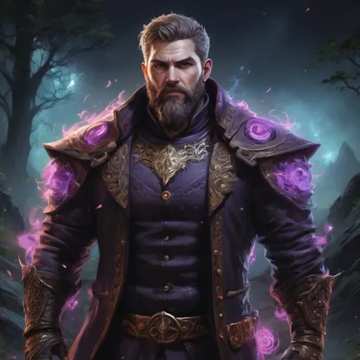 Prompt: (Full body) male stocky heavy-set 
warlock with short hair and beard, hairy chest, casting swirly bright spell, in nature at night, pathfinder, d&d setting, in a realistic high quality digital art style