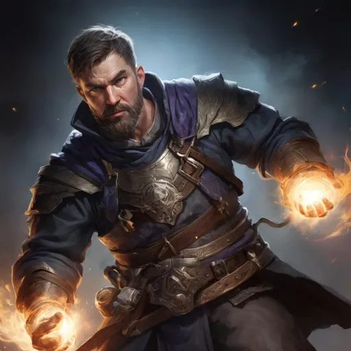 Prompt: Male stocky large mature fit battle-mage with short-cut hair and beard, engaged in combat casting a light-spell in a dark room, pathfinder, d&d setting, realistic, enhanced shadow quality