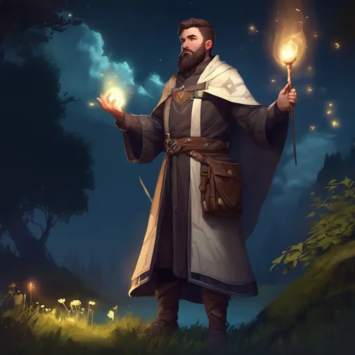 Prompt: (Full body) male magical stocky cleric with short hair and beard, in nature at night, pathfinder, d&d setting, in a realistic digital art style