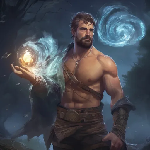 Prompt: (Full body) male stocky ranger with short-cut hair and beard, no shirt on, hairy chest, casting a swirly frost-spell, in nature at night pathfinder, d&d setting, in a realistic digital art style