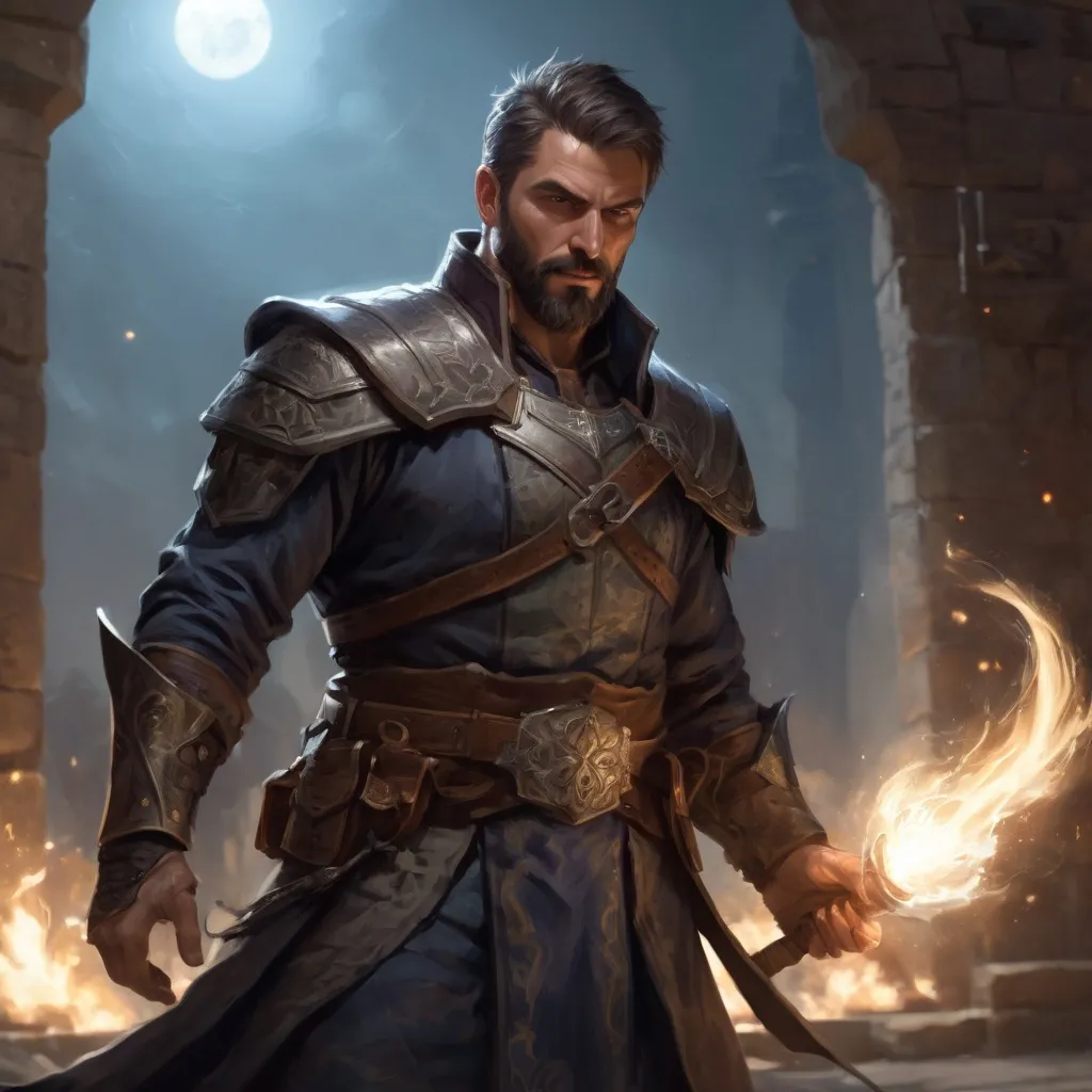Prompt: Male stocky large mature fit muscular arcanist with short-cut hair and beard, engaged in combat casting a light spell in a castle courtyard at night, pathfinder, d&d setting, realistic, enhanced shadow quality