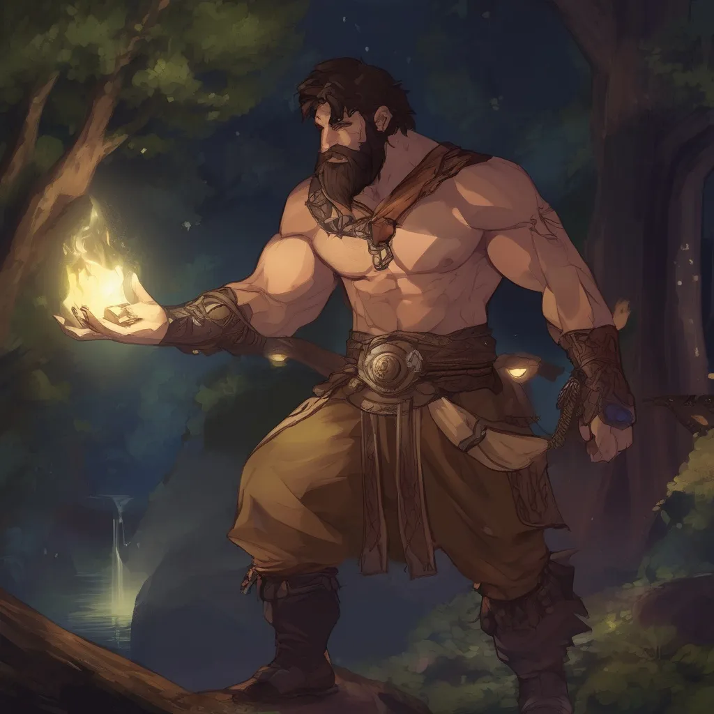 Prompt: (Full body) male stocky big-chested hairy-chested sorcerer with short hair and beard, no shirt on, casting a spell, in nature at night, pathfinder, d&d setting, in a realistic digital art style