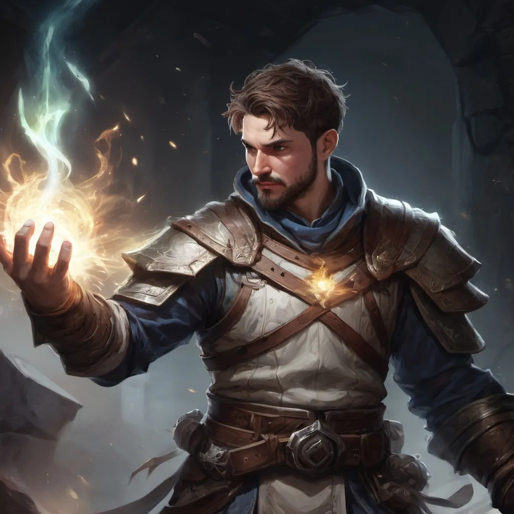 Prompt: Male stocky large battle-mage with short-cut hair and beard, engaged in combat casting a white-light spell inside of a dark dungeon, pathfinder, d&d setting, in a realistic high quality digital art style, enhanced shadow quality, colorful