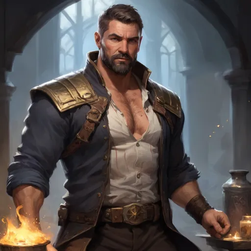 Prompt: (head and torso) Male heavy-set fit fat beefy 35-year old hunky battle mage-with short-cut hair and beard, hairy chest (chest hair), open shirt big belly, holding magic-spell in hand, in a dark tavern room, pathfinder, d&d setting, enhanced shadow quality