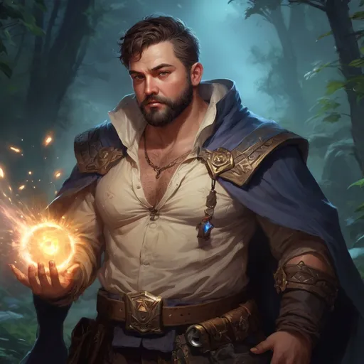 Prompt: Male stocky large fat cleric with short-cut hair and beard, open shirt hairy chest, in combat casting a magic-ray out of hands in nature at night, pathfinder, d&d setting, in a realistic high quality digital art style, enhanced shadow quality, colorful