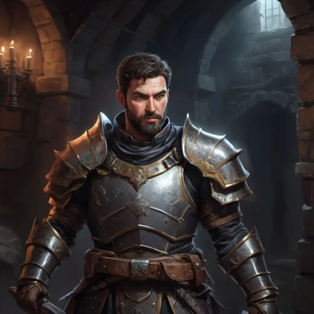 Prompt: Male stocky large mature royal knight with short-cut hair and beard, engaged in combat inside of a dark dungeon, pathfinder, d&d setting, in a realistic high quality digital art style, enhanced shadow quality, colorful picture