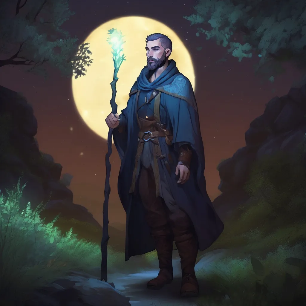 Prompt: (Full body) male magus with short hair and beard, in nature at night, pathfinder, d&d setting, in a realistic digital art style