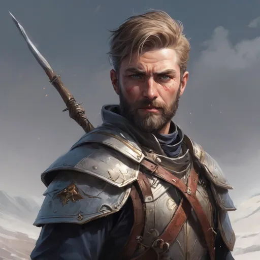 Prompt: Male stocky heavy-set finnish royal magus with short-cut hair and beard, on a windy battlefield, pathfinder, d&d setting, in a realistic high quality digital art style, enhanced shadow quality