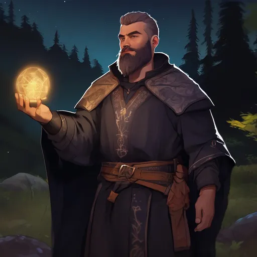 Prompt: (Full body) male stocky magical albanian cleric with short hair and beard, in nature at night, pathfinder, d&d setting, in a realistic digital art style