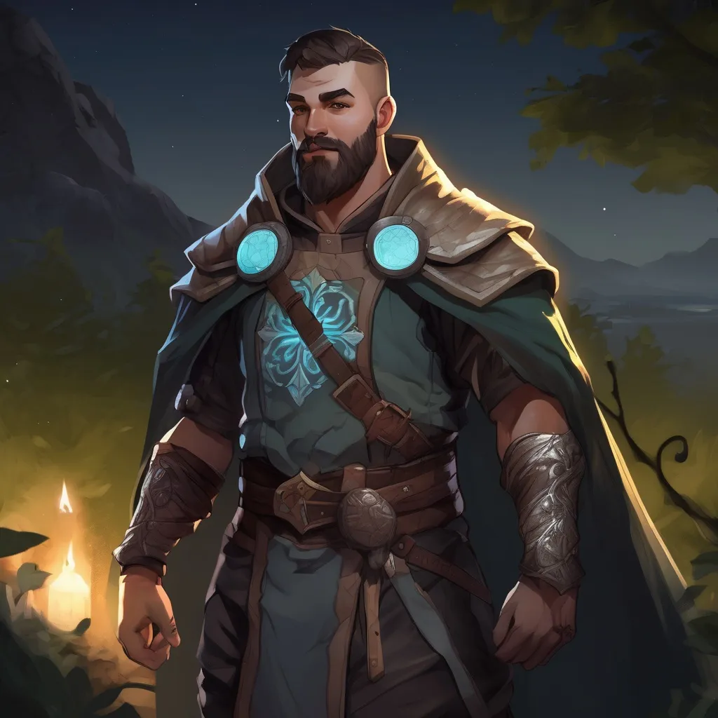 Prompt: (Full body) male muscular cleric with short hair and beard, in nature at night, pathfinder, d&d setting, in a realistic digital art style