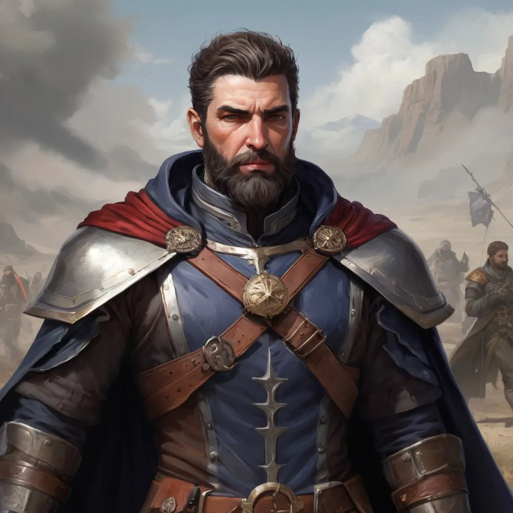 Prompt: Male stocky heavy-set argentinian royal magus with short-cut hair and beard, on a windy battlefield, pathfinder, d&d setting, in a realistic high quality digital art style, enhanced shadow quality