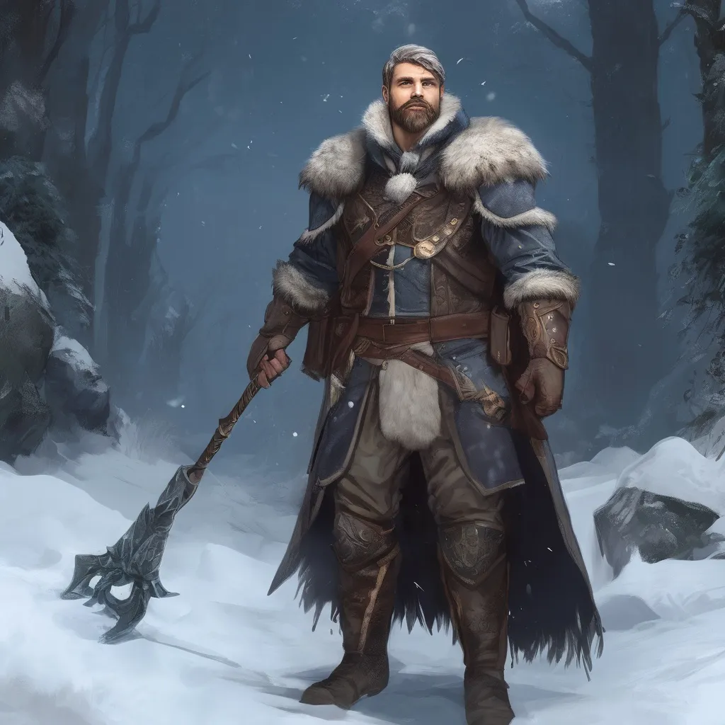 Prompt: (Full body) male handsome large muscular young arctic wizard with short hair and beard, outside of a cave by a forest at night, pathfinder, d&d setting, in a realistic high quality digital art style