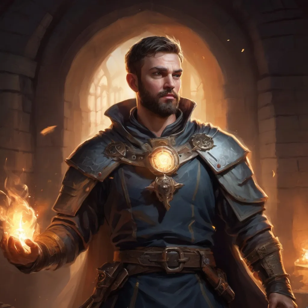 Prompt: Male stocky large french cleric with short-cut hair and beard, broad shoulders,  engaged in combat casting a holy light spell inside of a dark dungeon, pathfinder, d&d setting, in a realistic high quality digital art style, enhanced shadow quality, colorful