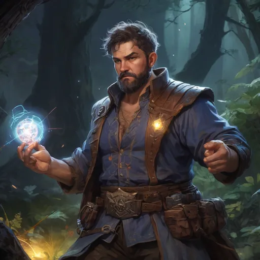 Prompt: Male stocky large fat cleric with short-cut hair and beard, open shirt hairy chest, in combat casting a magic-ray out of hands in nature at night, pathfinder, d&d setting, in a realistic high quality digital art style, enhanced shadow quality, colorful