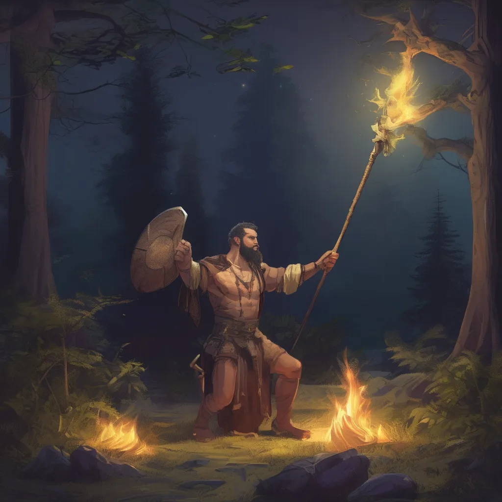 Prompt: (Full body) male stocky big-chested hairy-chested sorcerer with short hair and beard, no shirt on, casting a spell, in nature at night, pathfinder, d&d setting, in a realistic digital art style