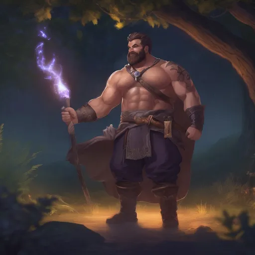 Prompt: (Full body) male stocky big-chested hairy-chested sorcerer with short hair and beard, no shirt on, casting a spell, in nature at night, pathfinder, d&d setting, in a realistic digital art style