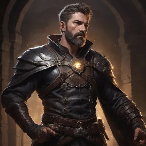 Prompt: (head and torso) Male stocky large mature alchemist with short-cut brown hair and beard, engaged in combat casting a light spell inside of a dark dungeon, realistic high quality digital art style, enhanced shadow quality