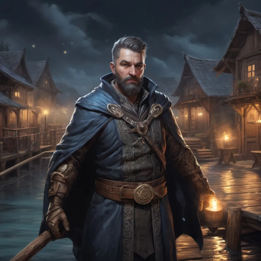 Prompt: male stocky heavy-built large bandit-magus with short hair and beard, wearing magic coat, casting a water-spell, on a dock by a small village at night, pathfinder, d&d setting, in a realistic high quality digital art style