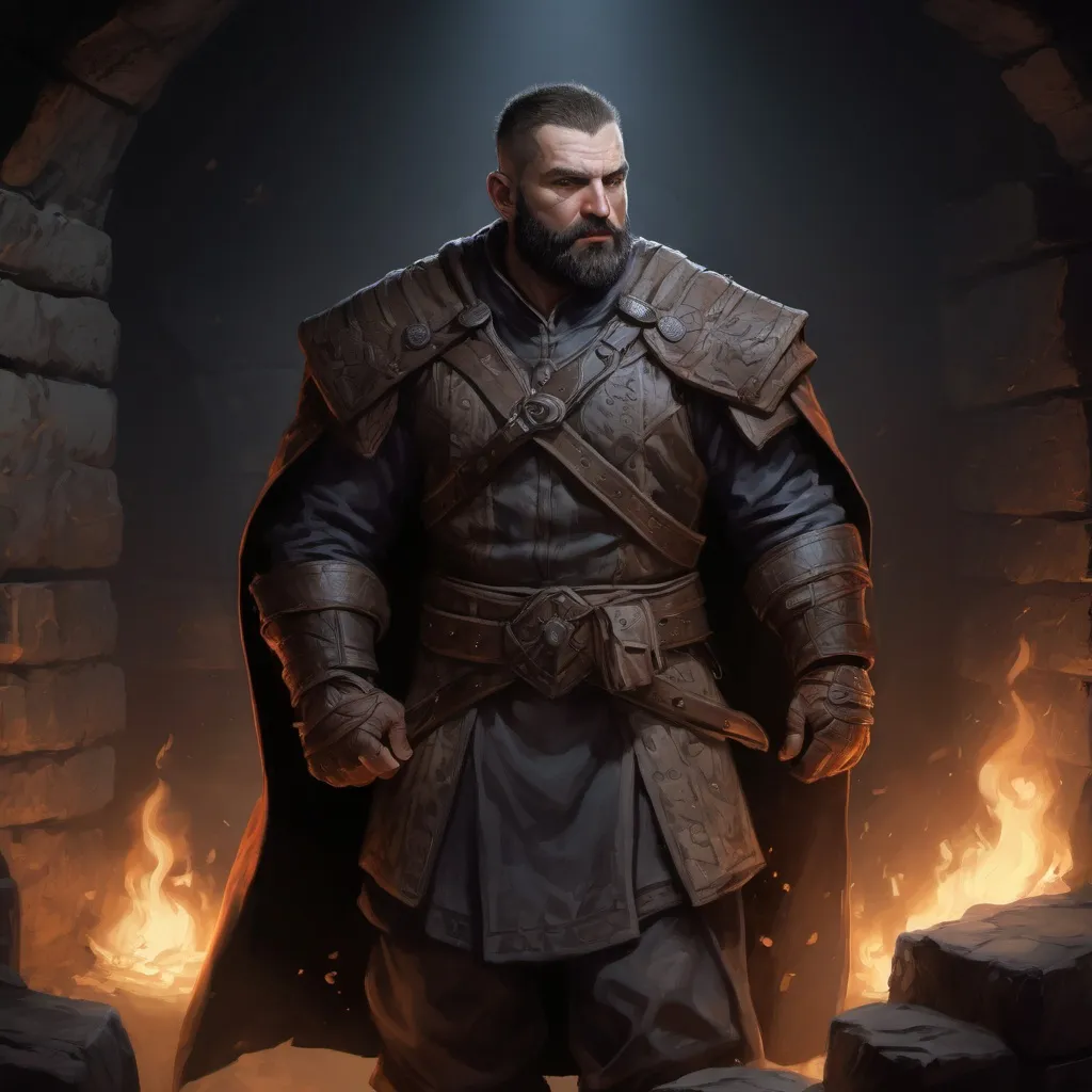 Prompt: Male stocky large mature albanian fighter with short-cut hair and beard, exploring a dark dungeon, pathfinder, d&d setting, in a realistic high quality digital art style, enhanced shadow quality, colorful