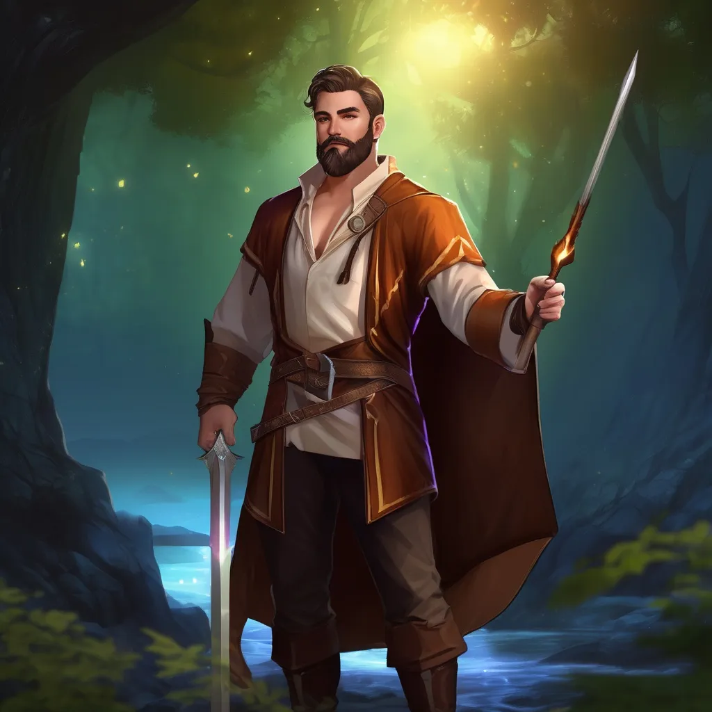 Prompt: (Full body) male stocky magical time-mage with short hair and beard, open shirt, in dark lit nature background, pathfinder, d&d setting, in a realistic digital art style