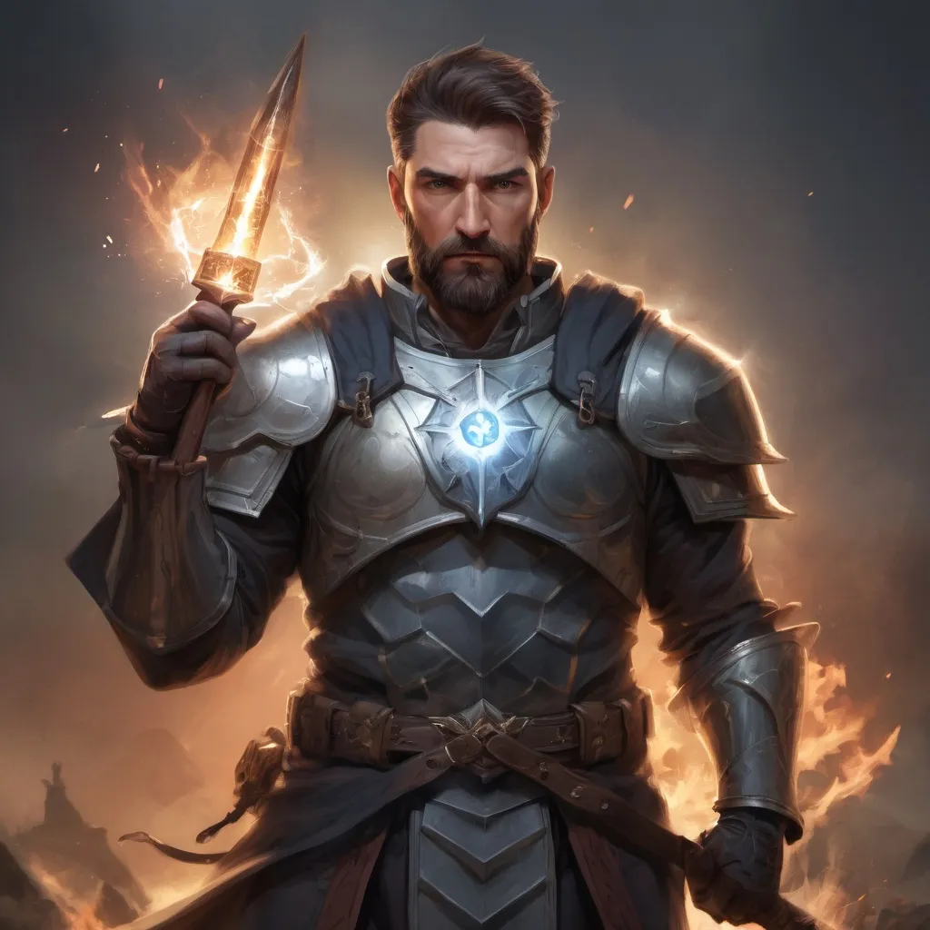 Prompt: (torso) Male stocky manly magical crusader with short-cut hair and beard, on a battlefield, in combat, holding a magic staff, bright aura, pathfinder, d&d setting, in a realistic high quality digital art style, enhanced shadow quality
